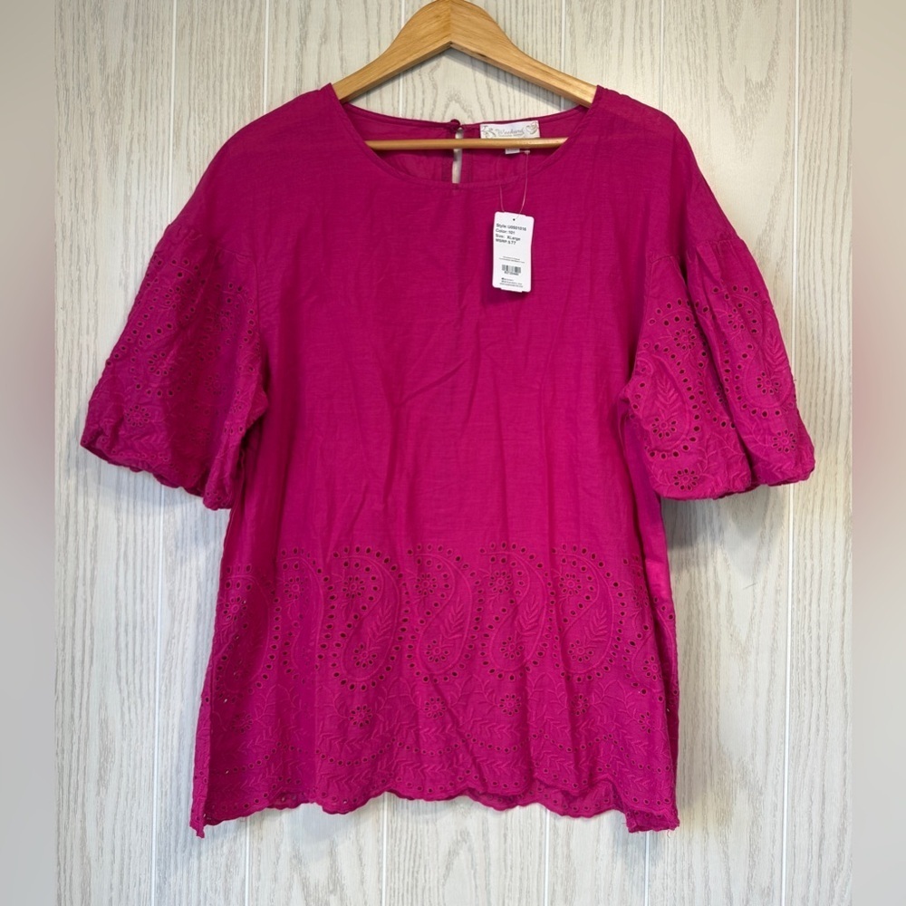 Suzanne Betro Fuchsia Eyelet Bell-Sleeve Tunic Top Size XL